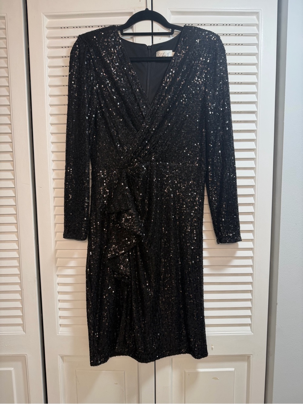 Eliza J Black Sequin Long-Sleeve Wrap Dress with Ruffle Detail